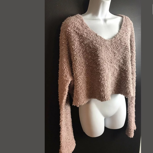 FREE PEOPLE Popcorn Pullover Sweater Fuzzy Top Crop Cropped Knit Blouse Mauve - Picture 3 of 11
